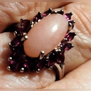 Peruvian Pink Opal w/Rhodolite Garnet Floral Ring in Platinum O/ Sterling Silver